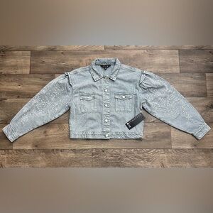 Broadway 38 Denim Blue Jacket Women’s Size M Ruffle Embroidered Sleeve Boho